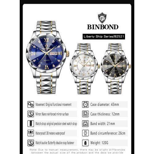 BINBOND Men's Silver Quartz Steel Band Watch - Waterproof, Glow-in-the-Dark, 50m Water Resistance - Image 3